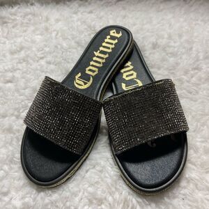 Juicy Couture Yumi black gold glam flats slides size 9.5